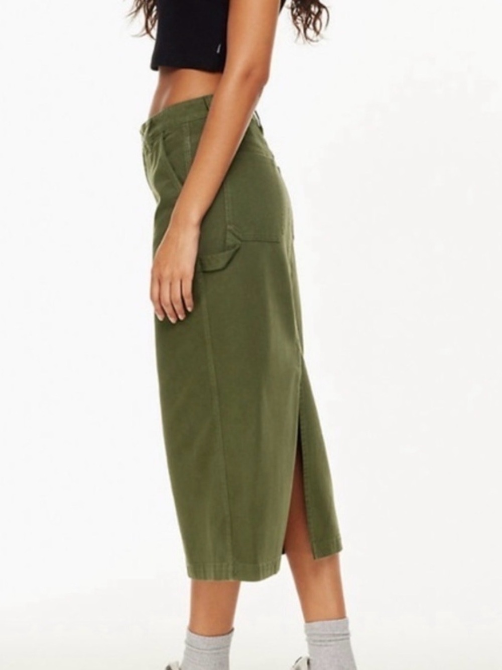 Aritzia x TNA Greenwich High Rise Carpenter Midi Skirt Fatigue Green Women's 8 - Picture 3 of 10
